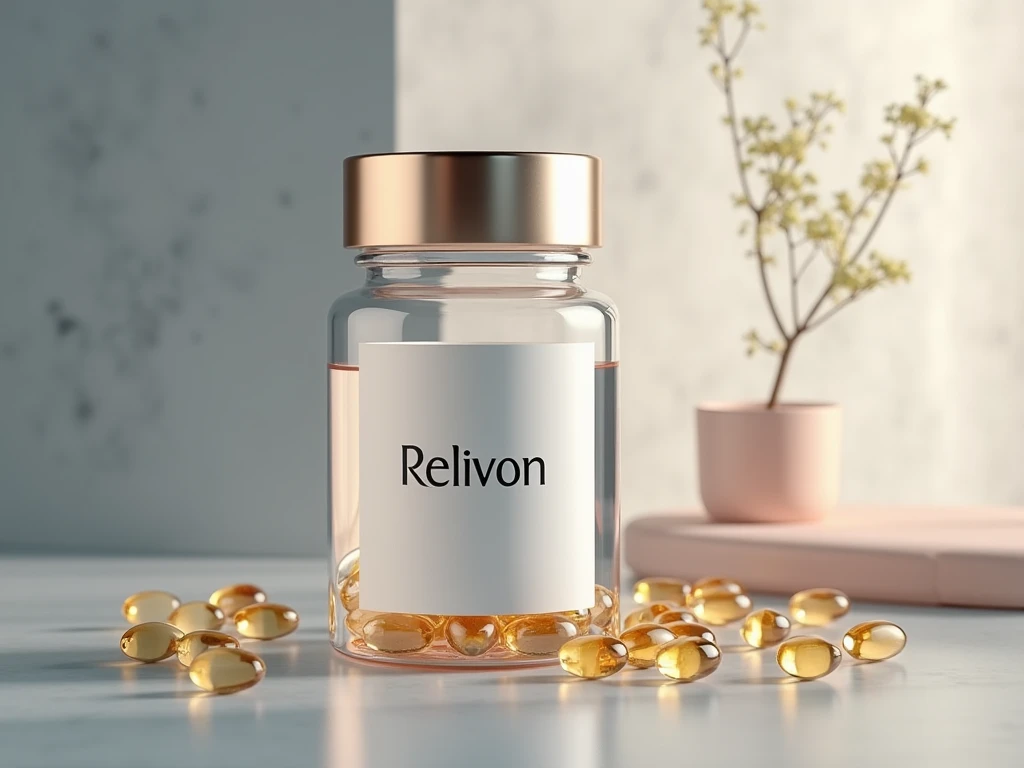Relivon supplement bottle and capsules close-up